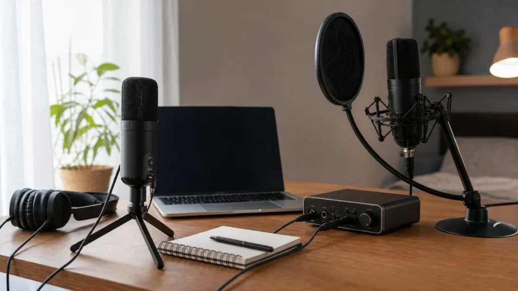 Generic USB mic and audio interface monitoring setup with headphones on a beginner home vocal recording desk