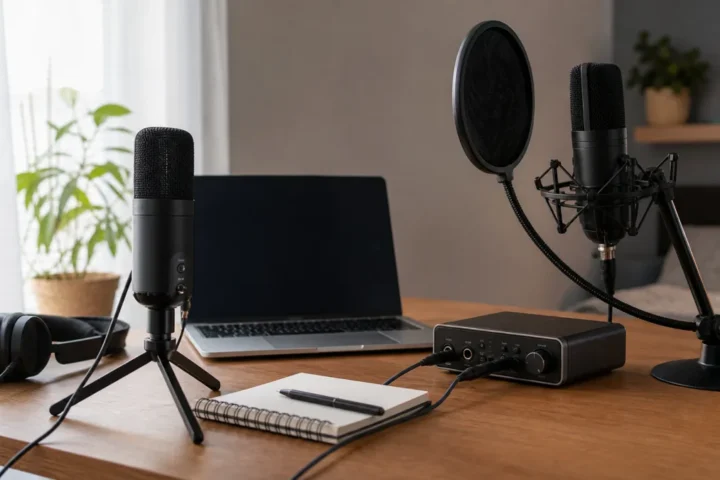 Generic USB mic and audio interface monitoring setup with headphones on a beginner home vocal recording desk
