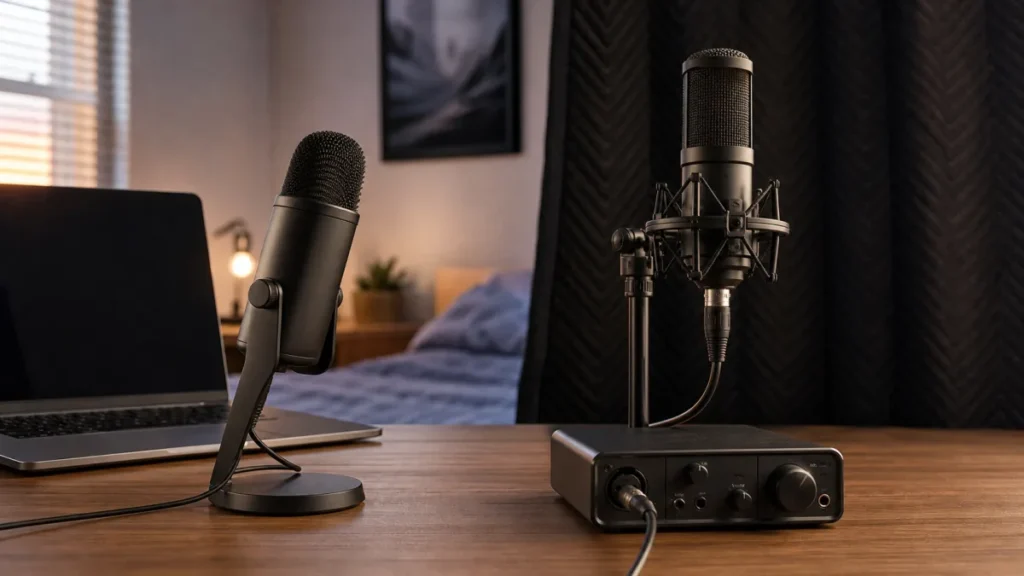 Generic bedroom vocal setup comparing a USB microphone path with an XLR microphone and audio interface path
