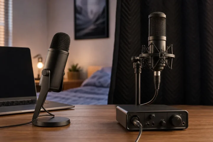 Generic bedroom vocal setup comparing a USB microphone path with an XLR microphone and audio interface path