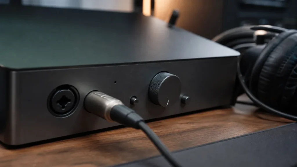 Generic audio interface close-up with an unlabeled switch, gain knob, microphone cable and headphones