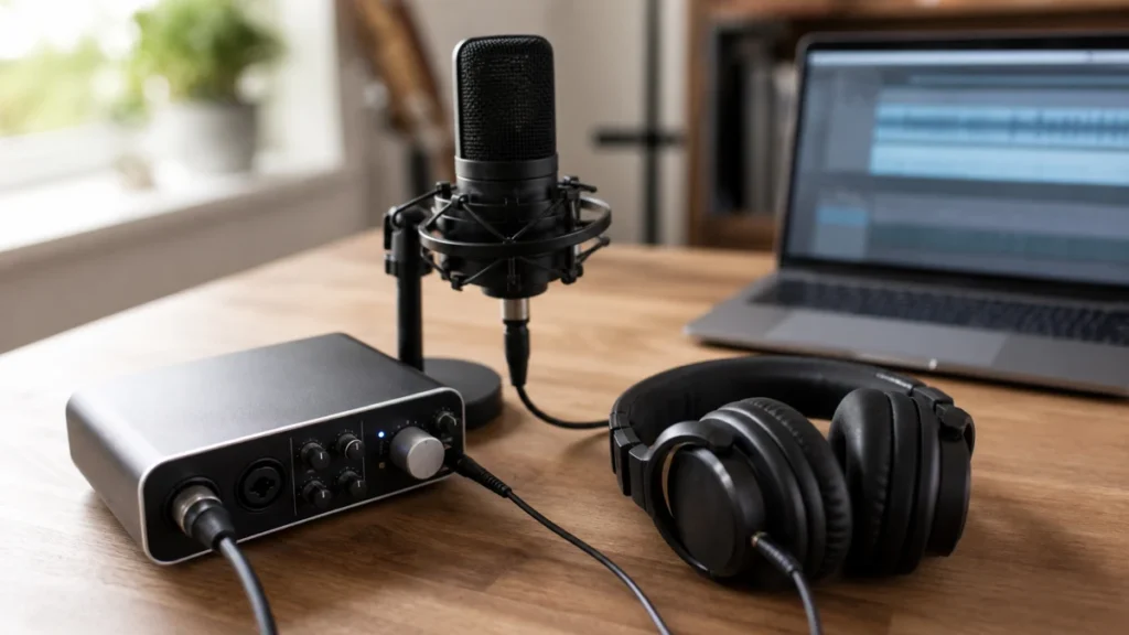 Generic audio interface headphones and vocal microphone on a home recording desk for direct monitoring