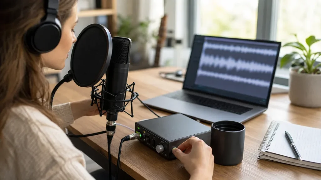 Beginner vocalist checking recording levels on a home studio setup to troubleshoot vocal distortion