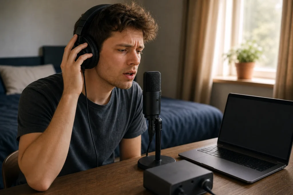 Home vocalist holding one headphone earcup after hearing monitoring delay beside a microphone and laptop.