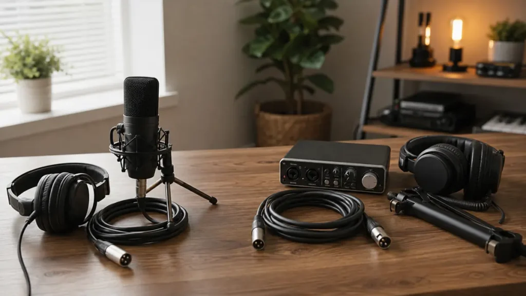 Generic XLR microphone starter chain beside separate interface cable stand and headphones on a home studio desk