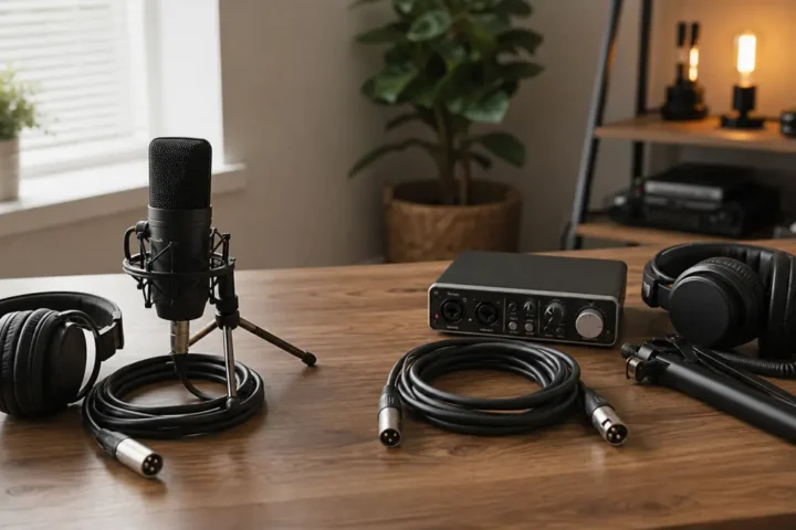 Generic XLR microphone starter chain beside separate interface cable stand and headphones on a home studio desk