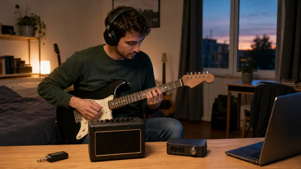 Apartment guitarist comparing a pocket headphone amp, compact practice amp and desktop audio interface for quiet practice