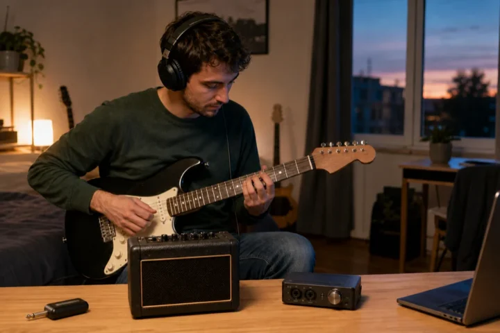 Apartment guitarist comparing a pocket headphone amp, compact practice amp and desktop audio interface for quiet practice