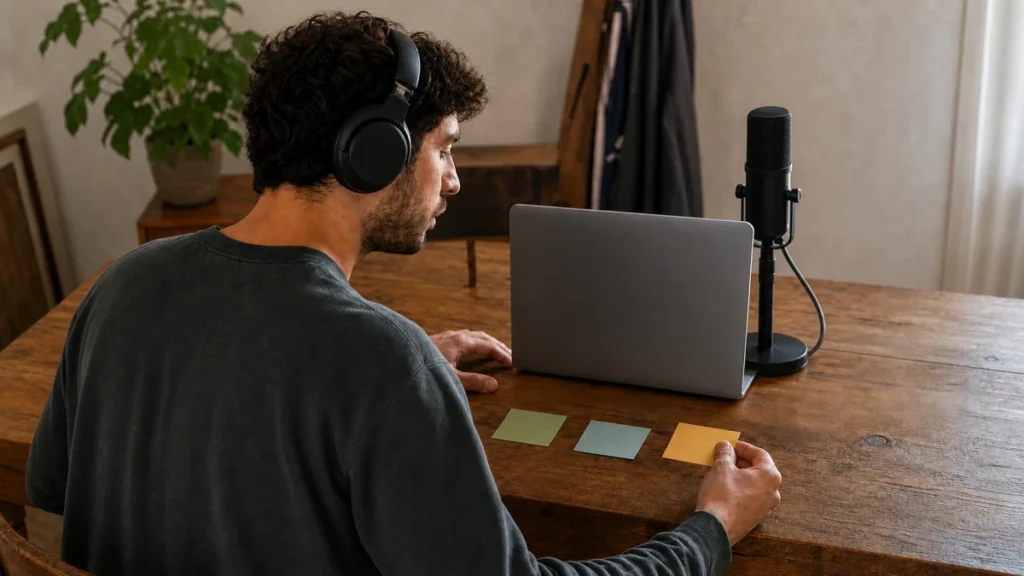 Home-studio creator wearing headphones and arranging blank notes beside a laptop and microphone