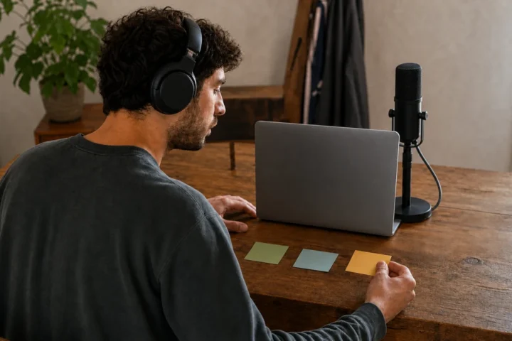 Home-studio creator wearing headphones and arranging blank notes beside a laptop and microphone