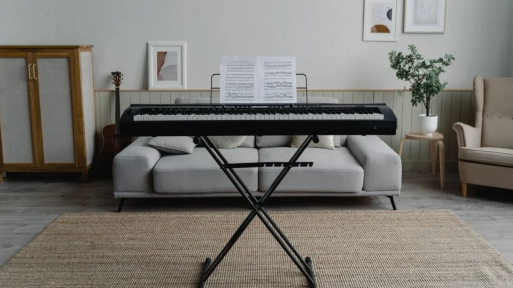 Digital piano on an X-style stand in a furnished living room
